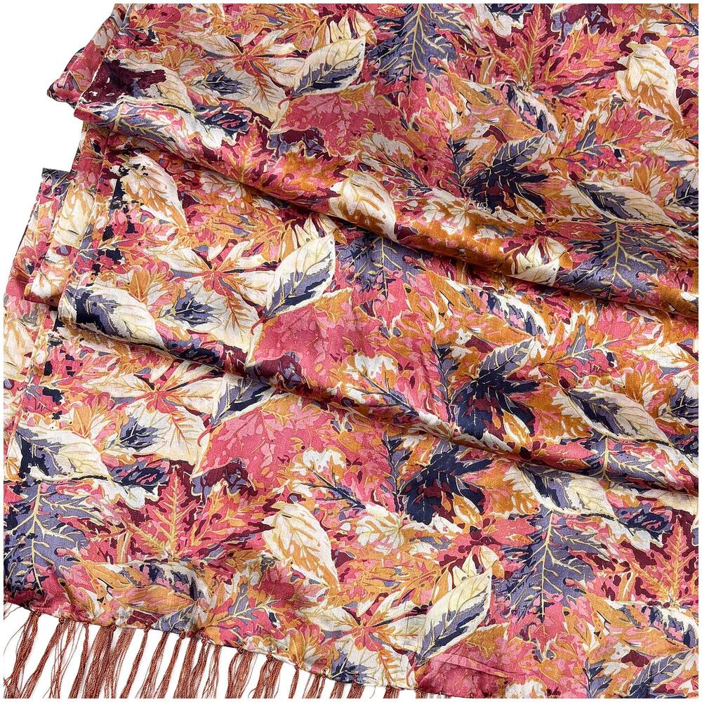 Floral Leaves 100% Silk Wrap Scarf 21"x62" Pink Orange Fringe Boho Shawl Autumn